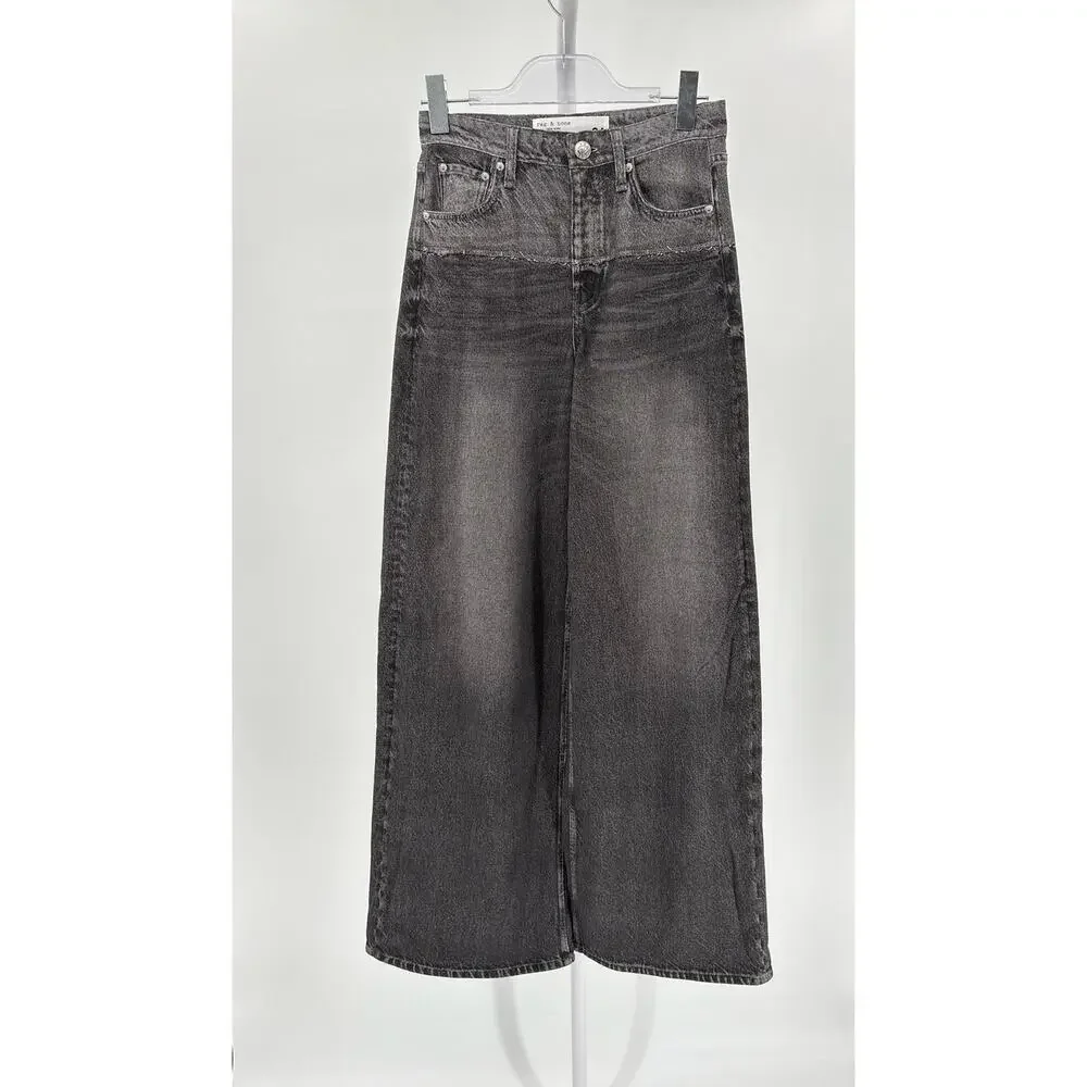 rag & bone Miramar Terry Sofie Washed Black Wide Leg Pants Jeans Two Tone 24